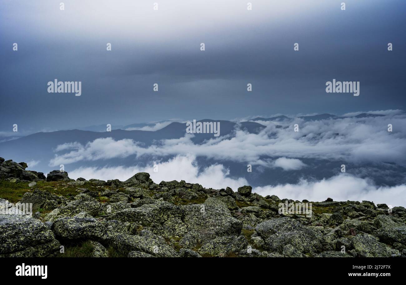 Blick vom Gipfel des Mount Washington, White Mountains, New Hampshire Stockfoto