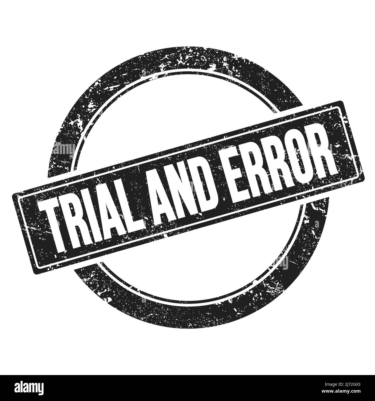 TRIAL AND ERROR Text auf schwarzem runden Vintage-Stempel. Stockfoto