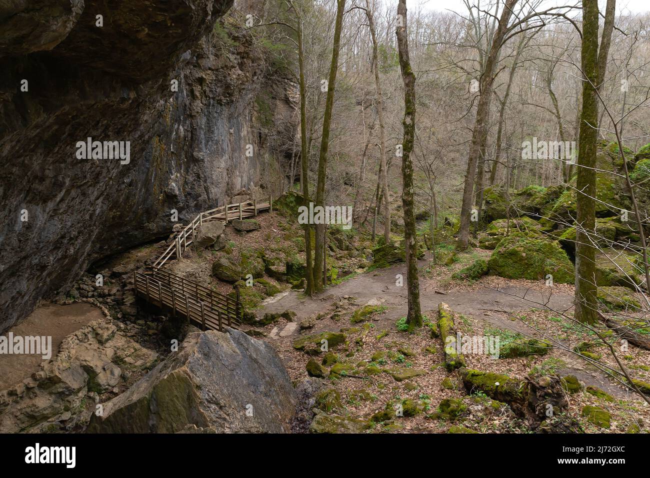 Landschaft im Maquoketa Caves State Park an einem bewölkten Frühlingsmorgen. Stockfoto