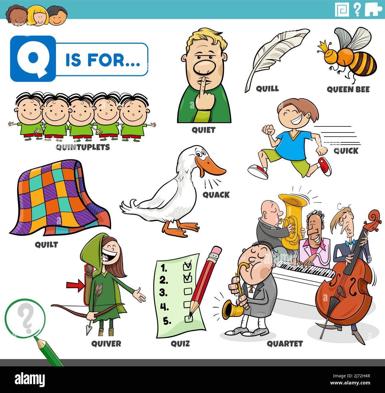 Pädagogische Cartoon-Illustration für Kinder mit Comic-Figuren und Objekte für Buchstabe Q gesetzt Stock Vektor