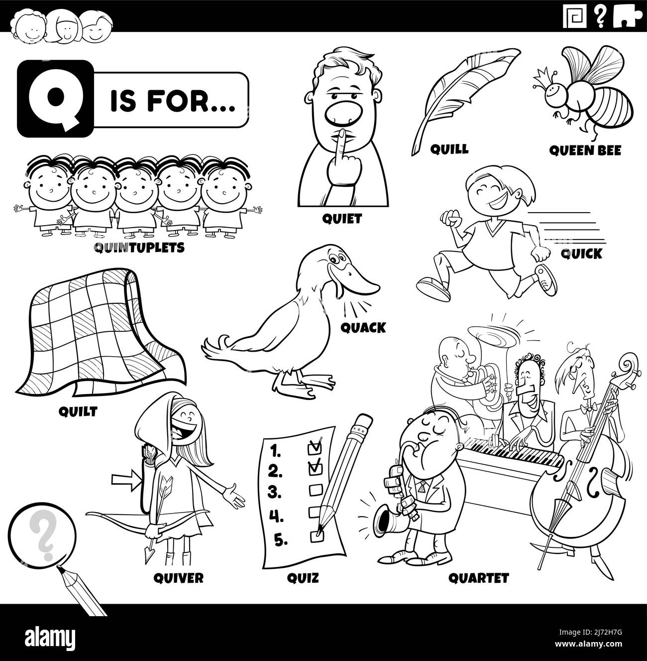 Schwarz-Weiß-Bildungs-Cartoon-Illustration für Kinder mit Comic-Figuren und Objekte für Buchstabe Q Malbuch Seite gesetzt Stock Vektor