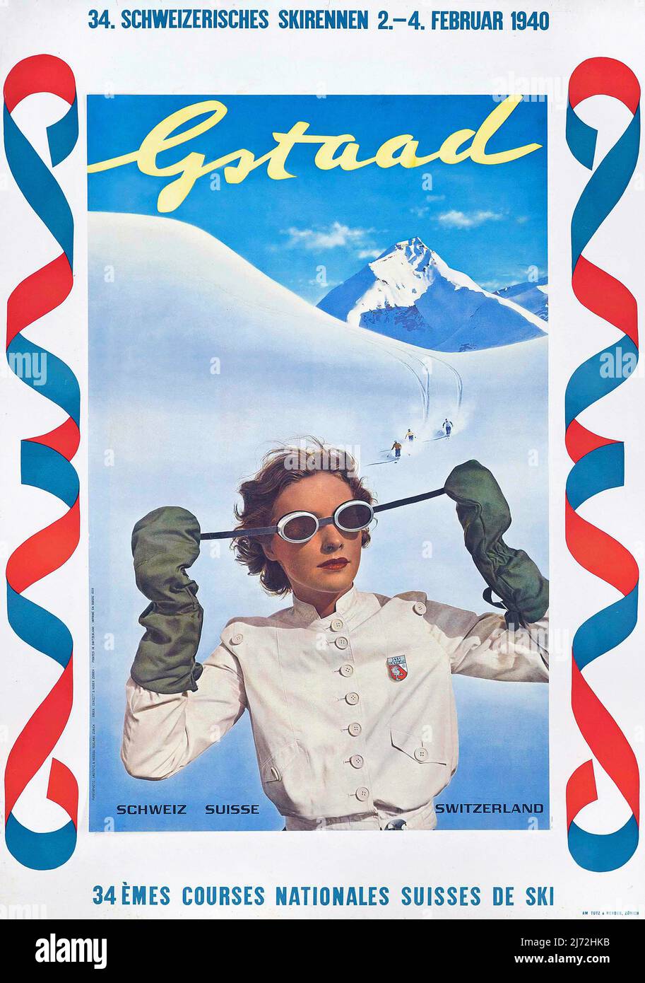 Vintage 1930s Travel PosterGSTAAD - Amstutz & Herdeg 1939, - Wintersport. Schweiz, Schweiz. Stockfoto