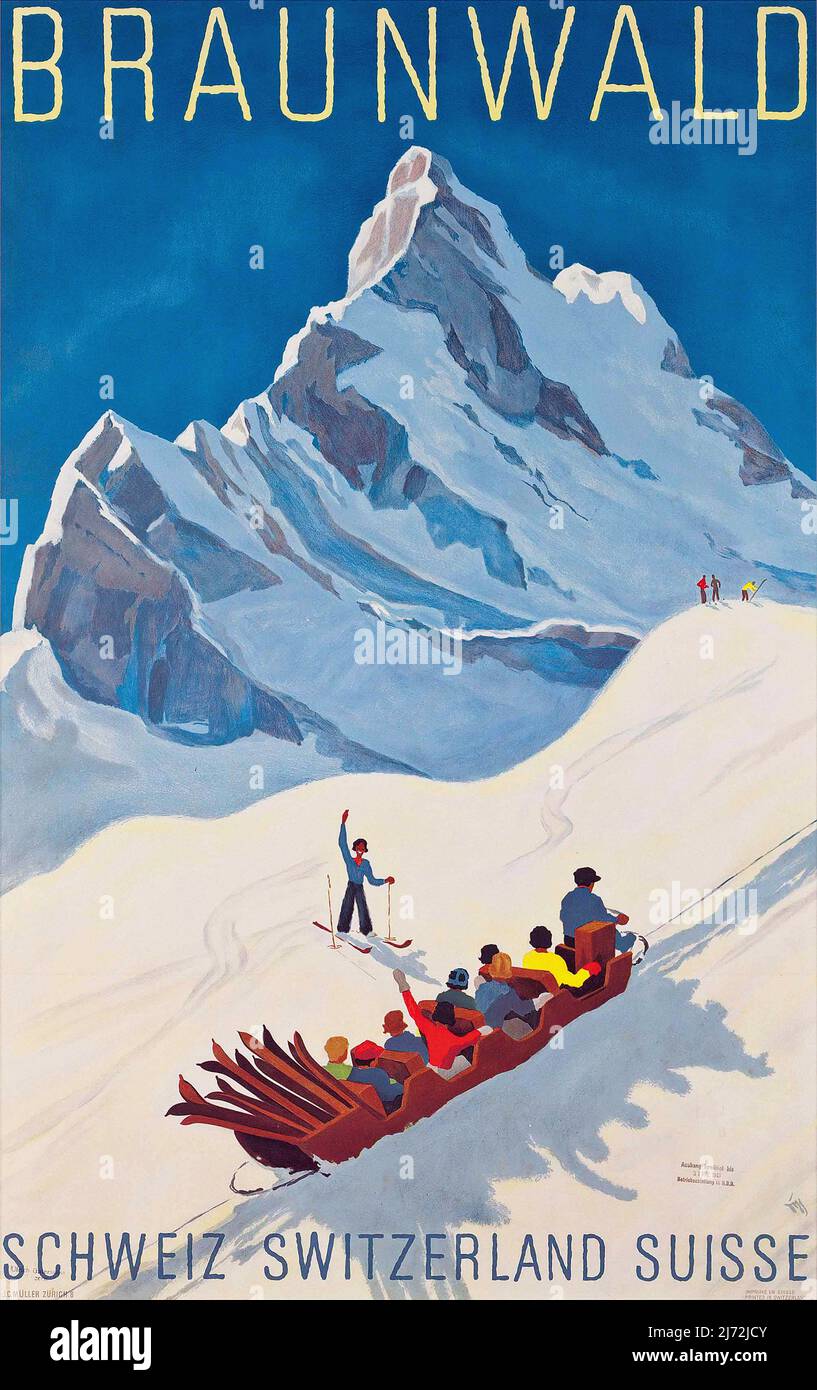 Vintage 1930s Winter Sports Travel Poster - Braunwald Stockfoto