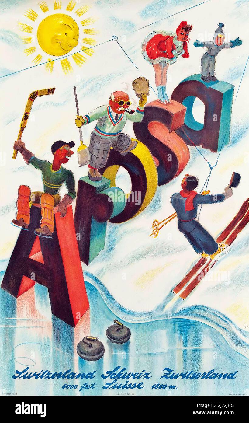 Vintage 1930s Winter Sports Travel Poster - Arosa , 1938 Stockfoto