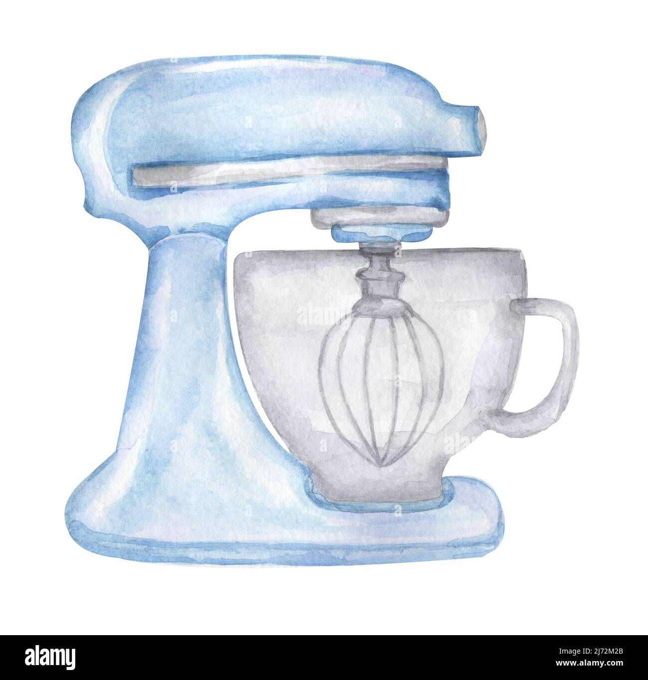 Aquarell blau Mixer Clip Art, Schlagbild, handgezeichnetes Bäckerutensilien, Küchengarn, Bake Logo Design Stockfoto