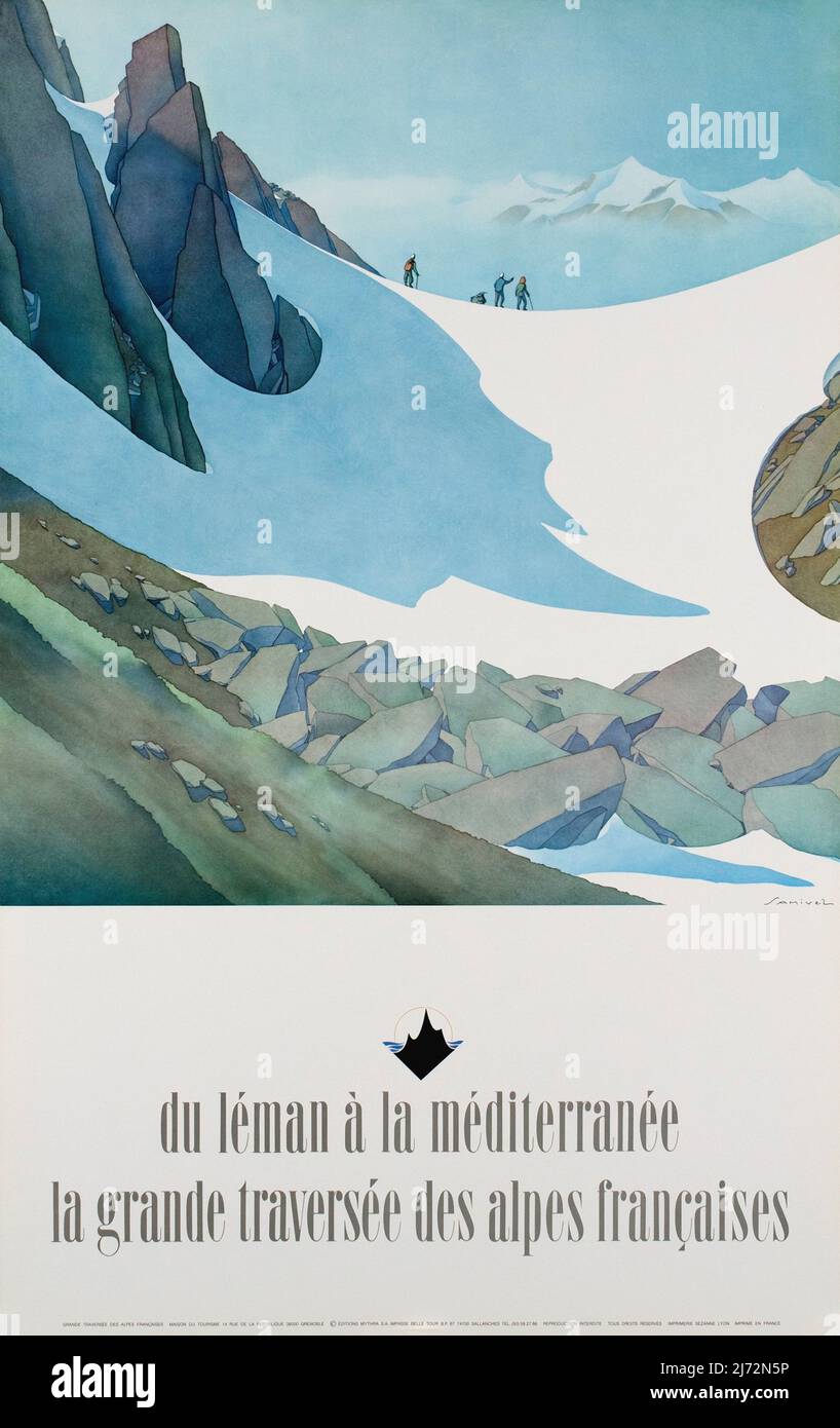 Vintage French Travel Poster - vom Genfer See bis zum Mittelmeer, der großen Kreuzung der französischen Alpen Stockfoto