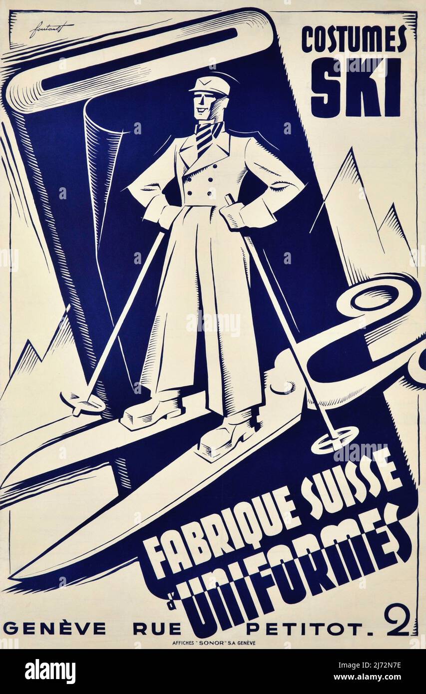 Vintage 1930s Poster für Schweizer Ski-Outfits.-Fabrique Suisse d'uniformes, Kostüme Ski, ( Schweizer Uniformfabrik) Genf Noel FONTANET (Noël) um 1935 Stockfoto