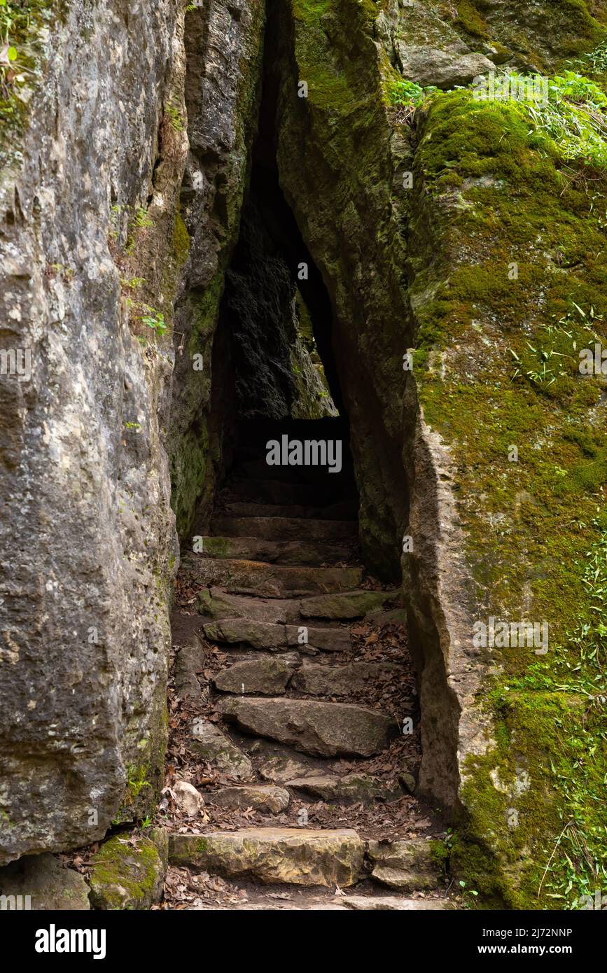 Steintreppe und Pfad durch die Felsen bei Maquoketa, Iowa. Stockfoto