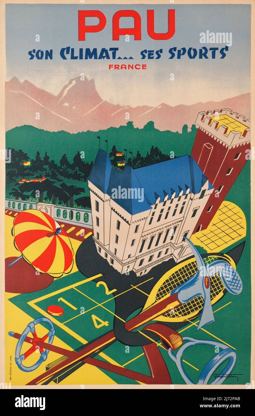 VINTAGE 1930s FRANZÖSISCHES REISEPOSTER - Pau, Sohn climat...ses Sport, Frankreich - Château de Pau Georges REBEN um 1935 Stockfoto