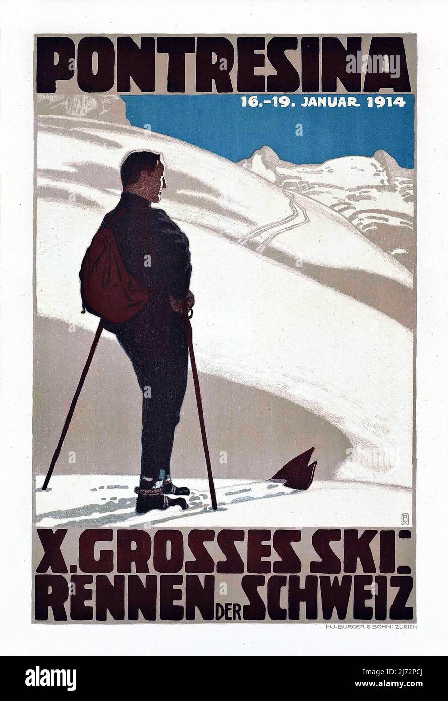 Vintage 1900s Reiseplakat - Pontresina, X. Grosses Skirennen der Schweiz. - Wintersport. 1914. WILHELM FRIEDRICH BURGER (1882-1964) Stockfoto