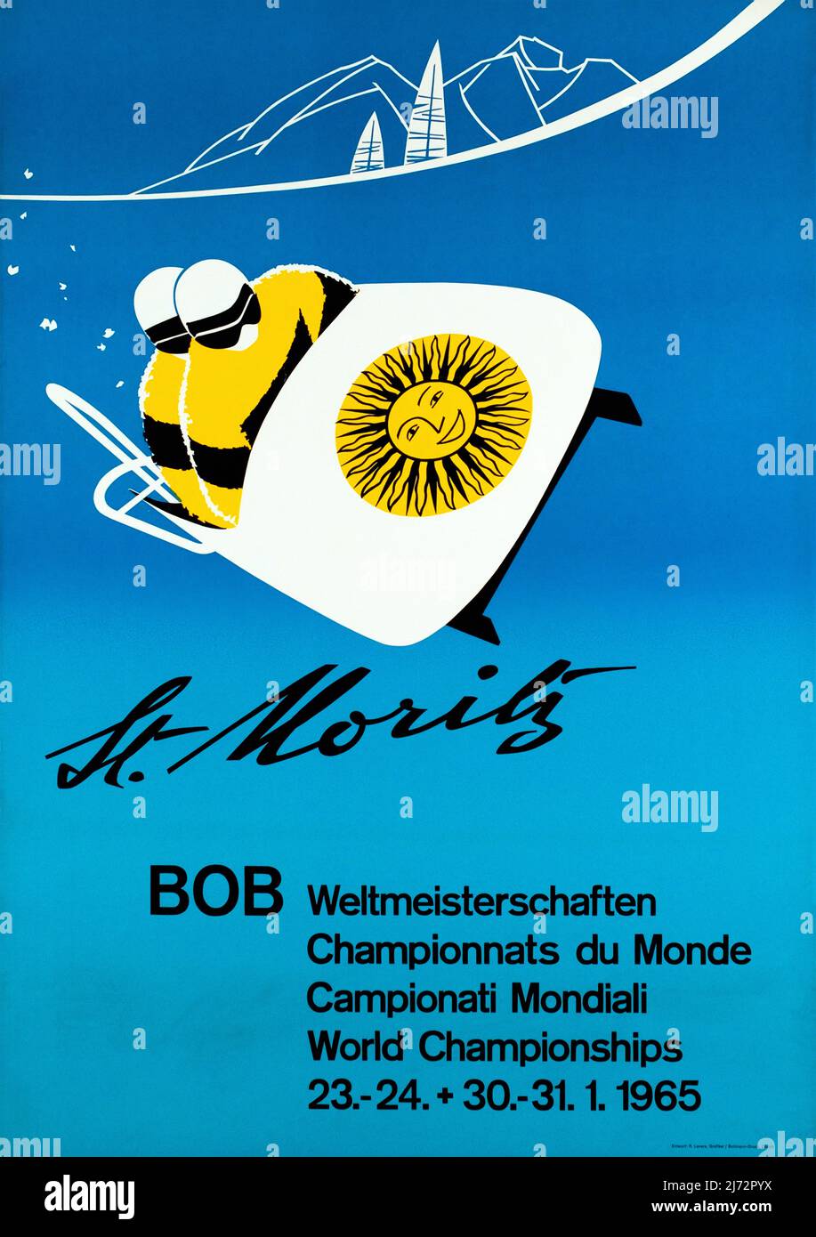 VINTAGE 1960s Travel Poster St. Moritz, Championnats du monde Bob Rudolph LEVERS 1965 Stockfoto