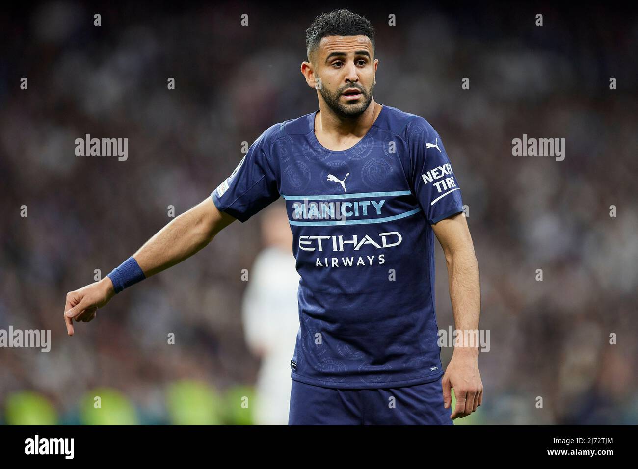 Riyad Mahrez aus Manchester City während des UEFA Champions League-Spiels zwischen Real Madrid und Mancheaster City spielte am 4. Mai 2021 im Santiago Bernabeu-Stadion in Madrid, Spanien. (Foto von Ruben Albarran / PRESSINPHOTO) Stockfoto