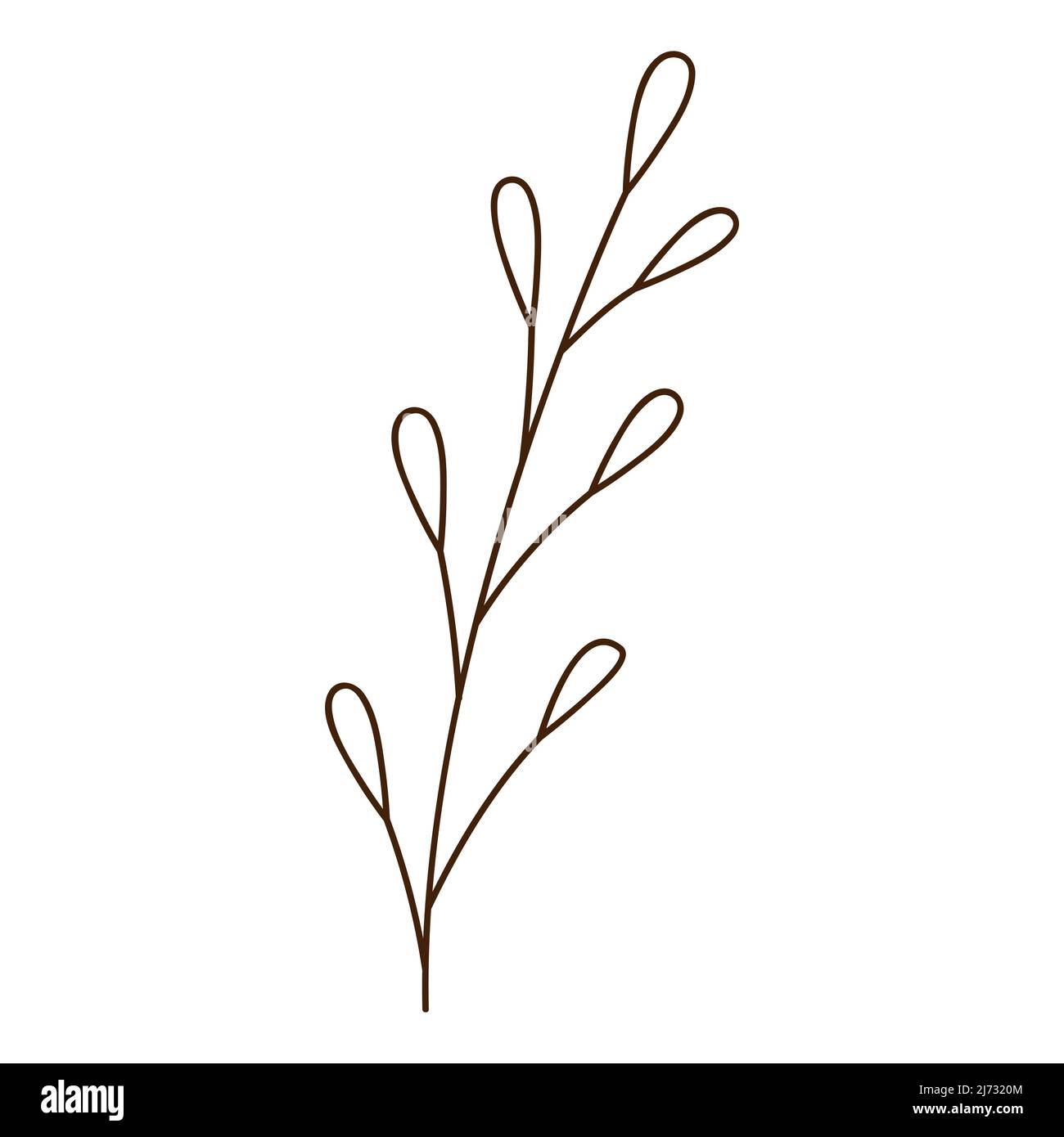 Abstrakter Zweig mit Blättern.Ein Grashalm. Herbstzeit. Botanisches, pflanzliches Designelement mit Umriss. Doodle, handgezeichnet. Flaches Design. Schwarz-weiß ve Stock Vektor