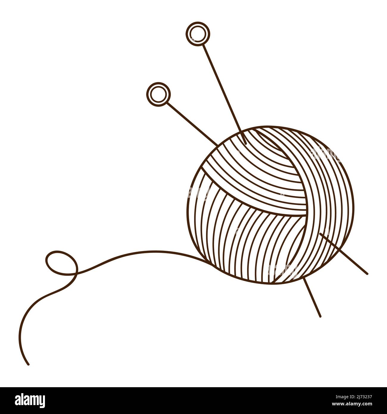 Ein Knäuel aus Garn mit Stricknadeln. Nadelarbeit, Stricken. Designelement mit Umriss. Doodle, handgezeichnet. Schwarz-weiße Vektorgrafik. Isolieren Stock Vektor