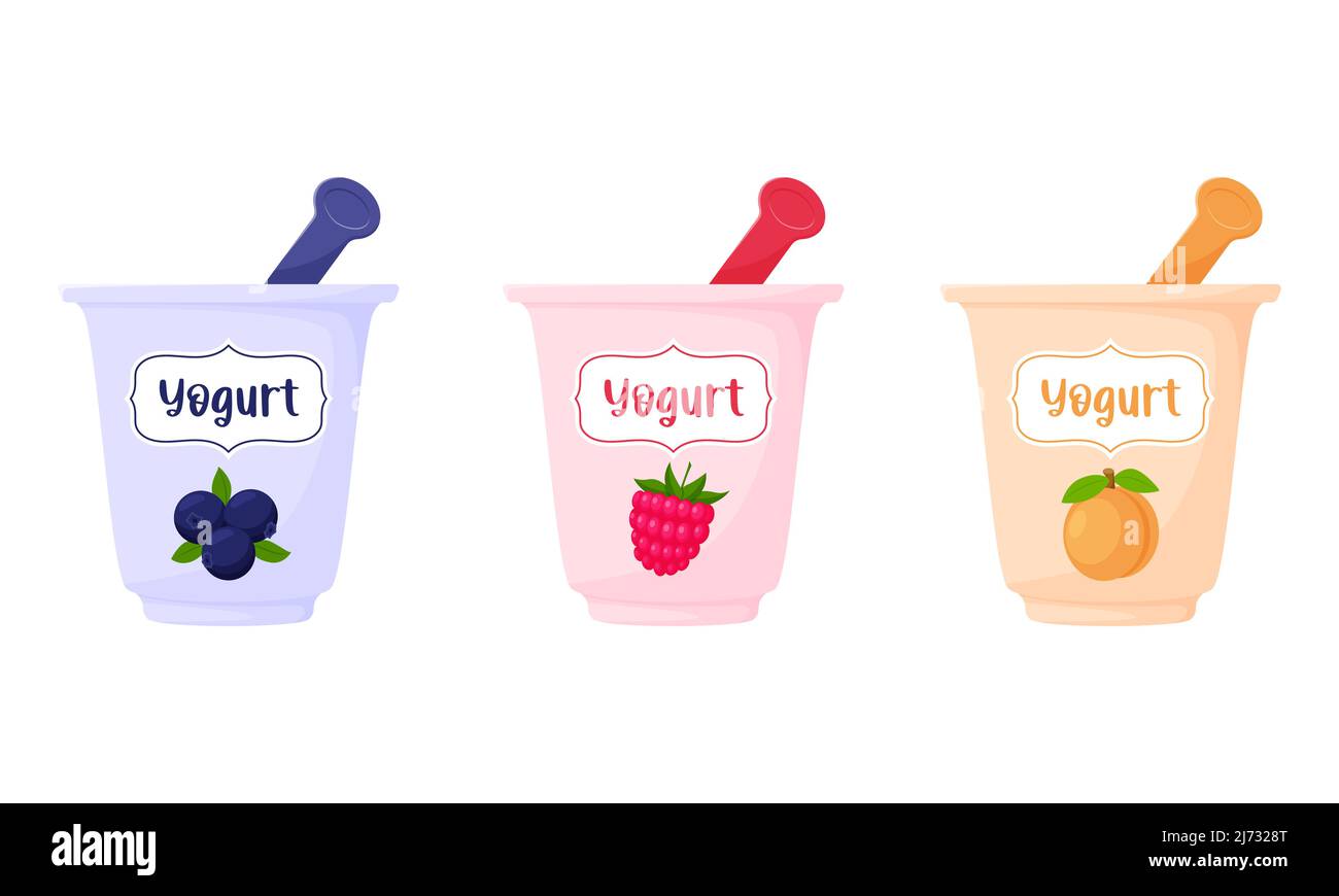 Joghurts in einer Tasse mit einem Löffel. Heidelbeere, Himbeere, Pfirsich, Joghurt, Milchprodukte, Gesunde Ernährung. Flach, im Cartoon-Stil. Farbe Vektor Illustration isola Stock Vektor