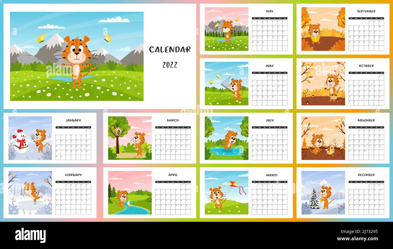 Horizontale Desktop-Kalendervorlage 2022. Die Woche beginnt am Sonntag. Ready-to-Print-Kalender mit chinesischen Jahr Symbol Cartoon Tiger. Ein Satz von 12 Seiten Stock Vektor