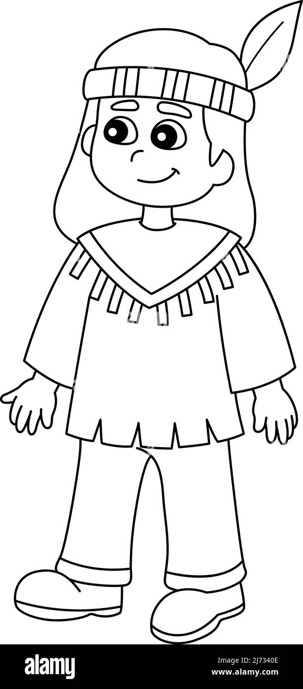 Thanksgiving Pilgrim Native Boy Isolated Coloring Page Stock Vektor