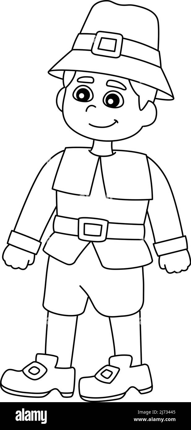 Thanksgiving Pilgrim Boy Isolated Coloring Page Stock Vektor