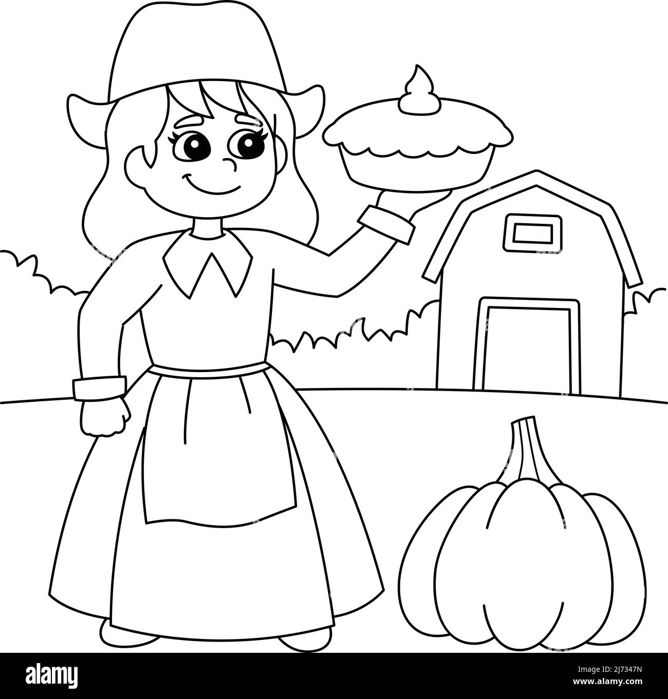 Thanksgiving Pilgrim Girl Holding Pie Coloring Stock Vektor