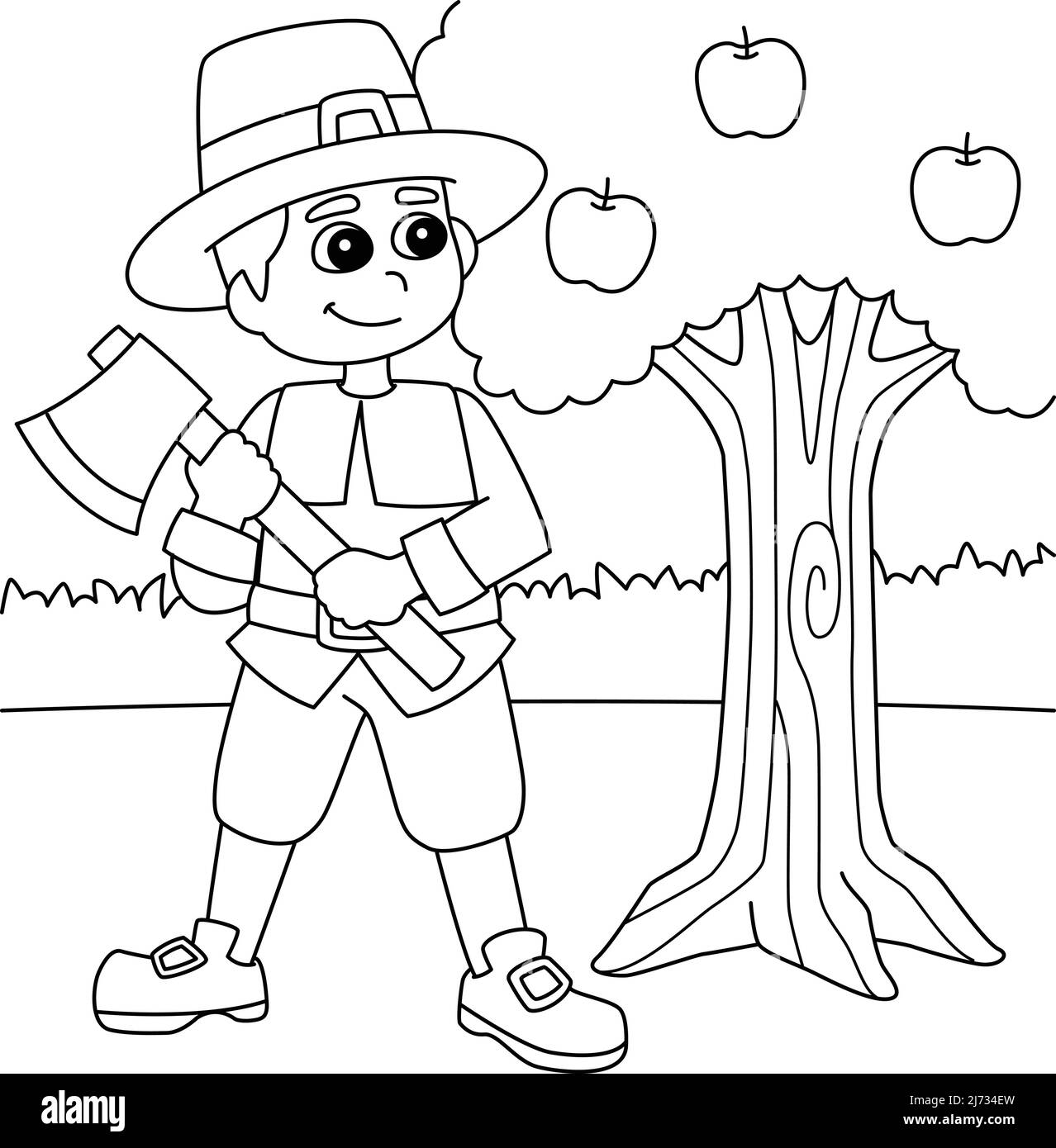 Thanksgiving Pilgrim Boy Holding Axt Coloring Page Stock Vektor