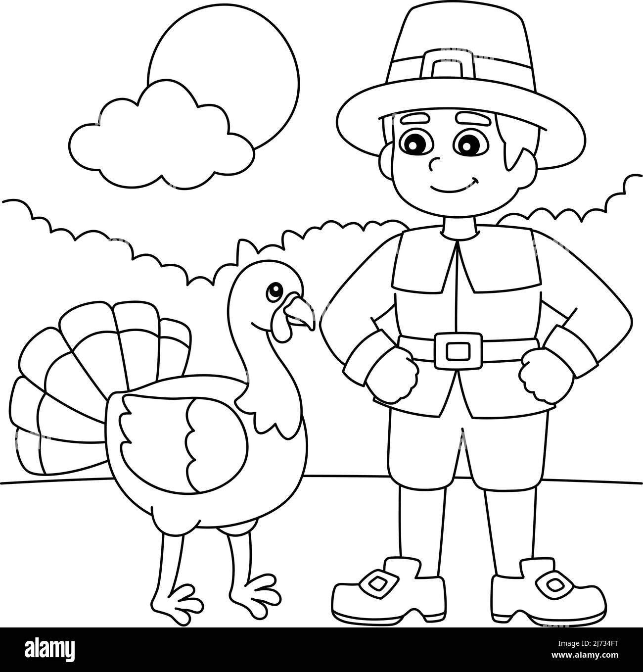 Thanksgiving Pilgrim Boy With Turkey Coloring Page Stock Vektor