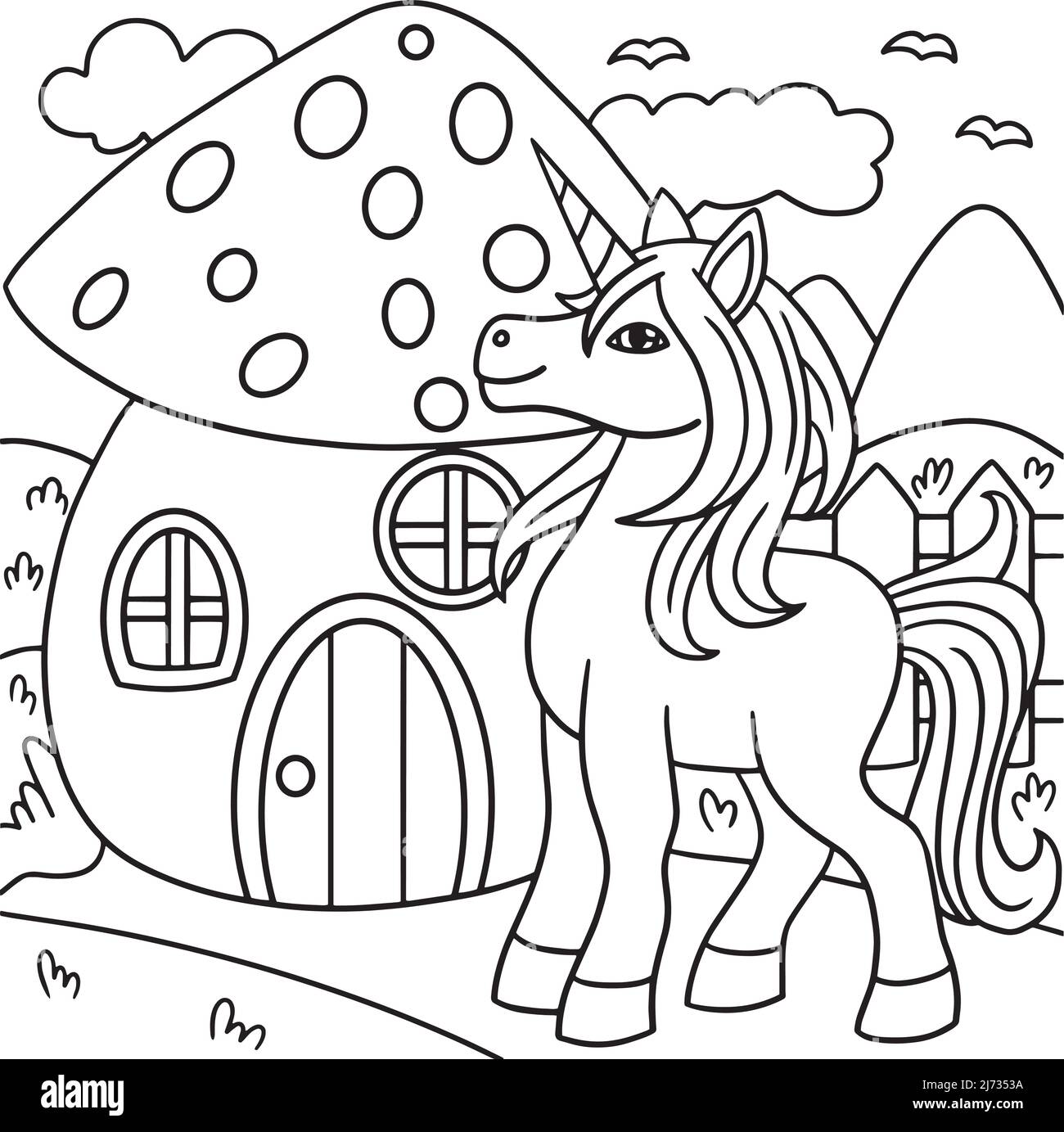 Einhorn Vor Der Malseite Für Pilze Stock Vektor