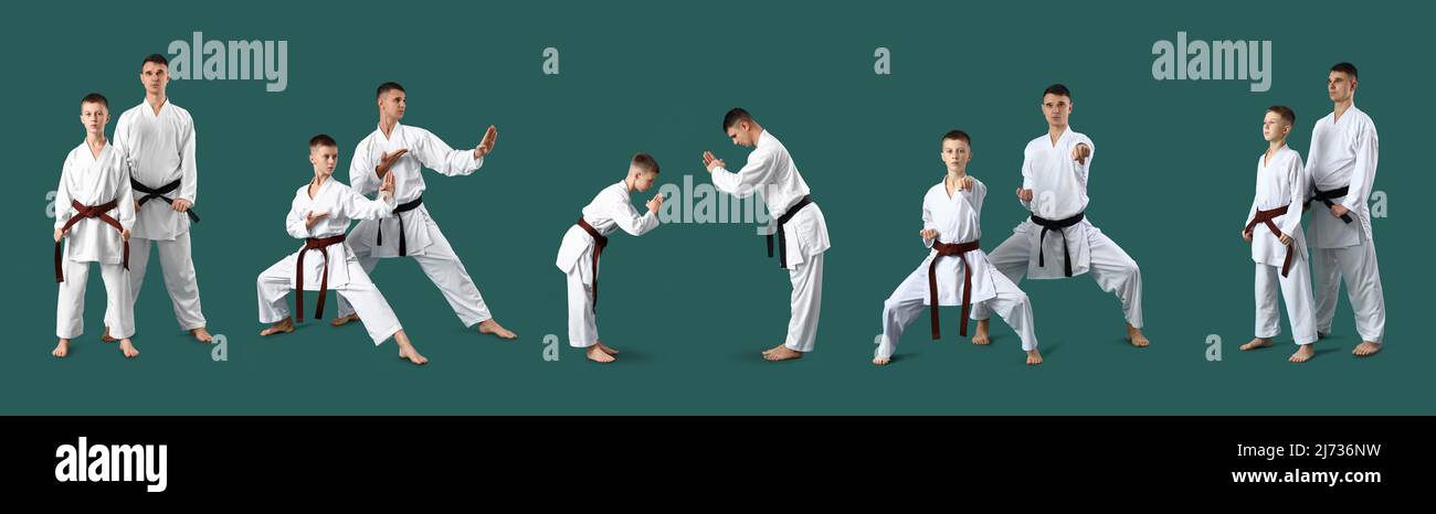 Set von Karate-Lehrer und seine Schüler auf grünem Hintergrund Stockfoto
