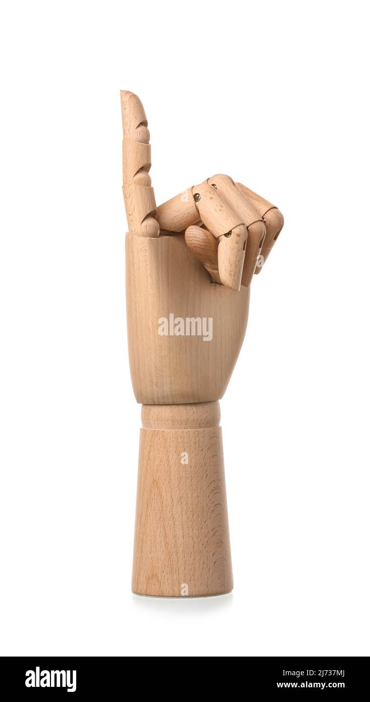 Holzhand mit erhobenem Pinkie-Finger auf weißem Hintergrund Stockfoto