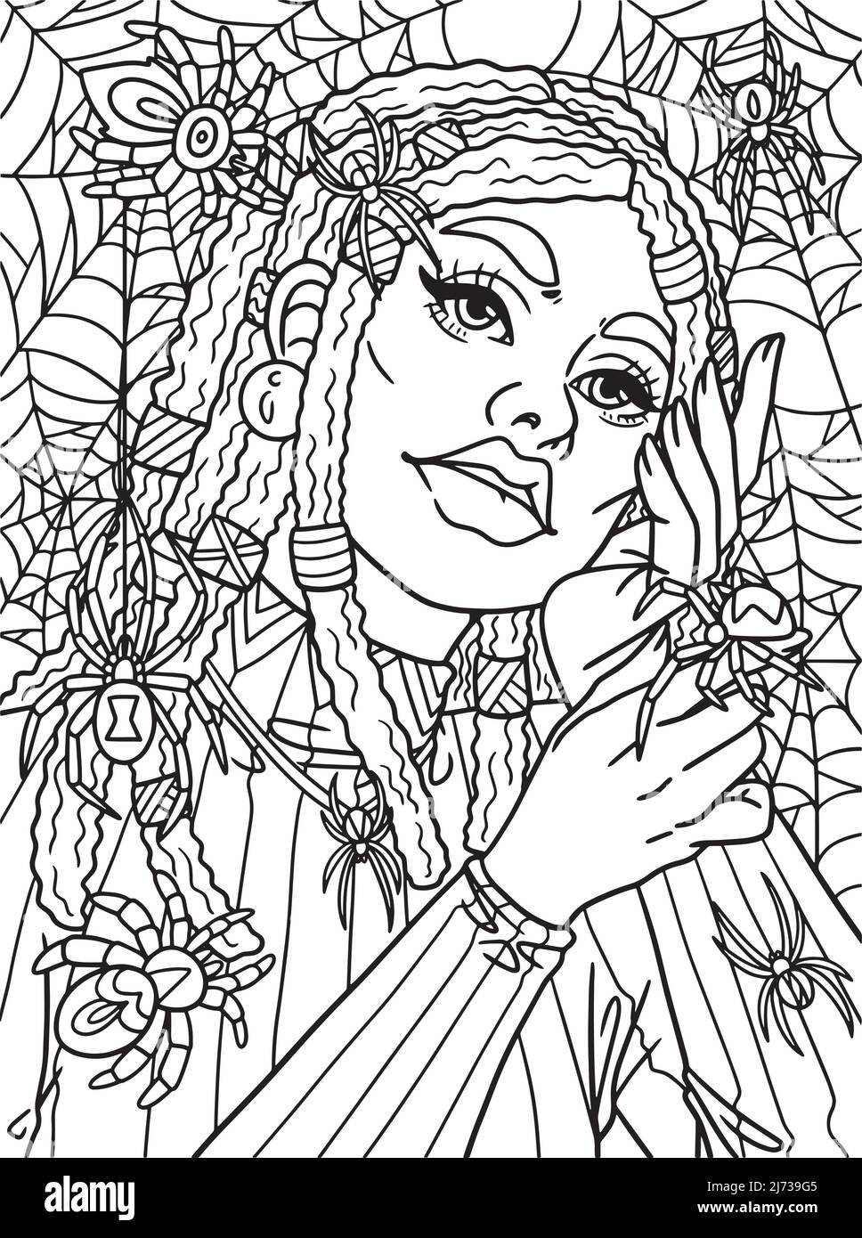 Afro American Woman With Spider Adult Coloring Stock Vektor