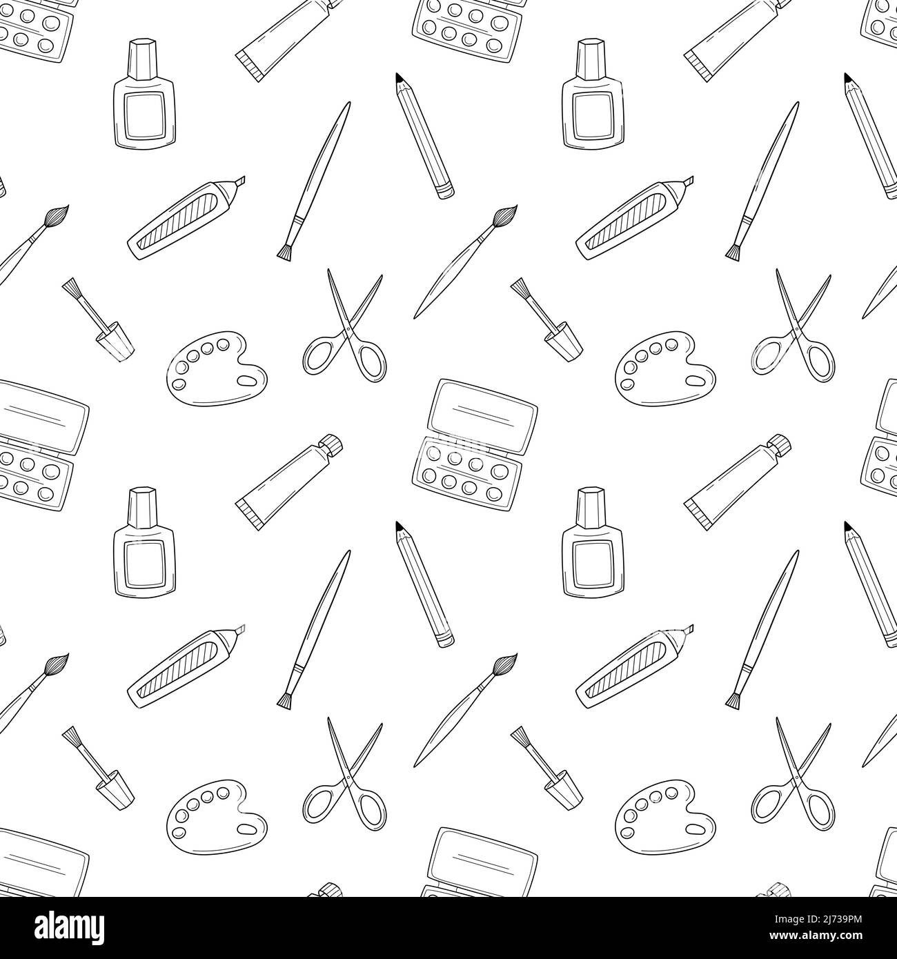 Eine einfache Schule nahtlose Muster mit künstlerischen Werkzeugen. Pinsel, Marker, Farbe, Palette, Bleistift. Zeichenwerkzeuge. Schwarz-weißer Hintergrund mit isoliertem Hand-d Stock Vektor