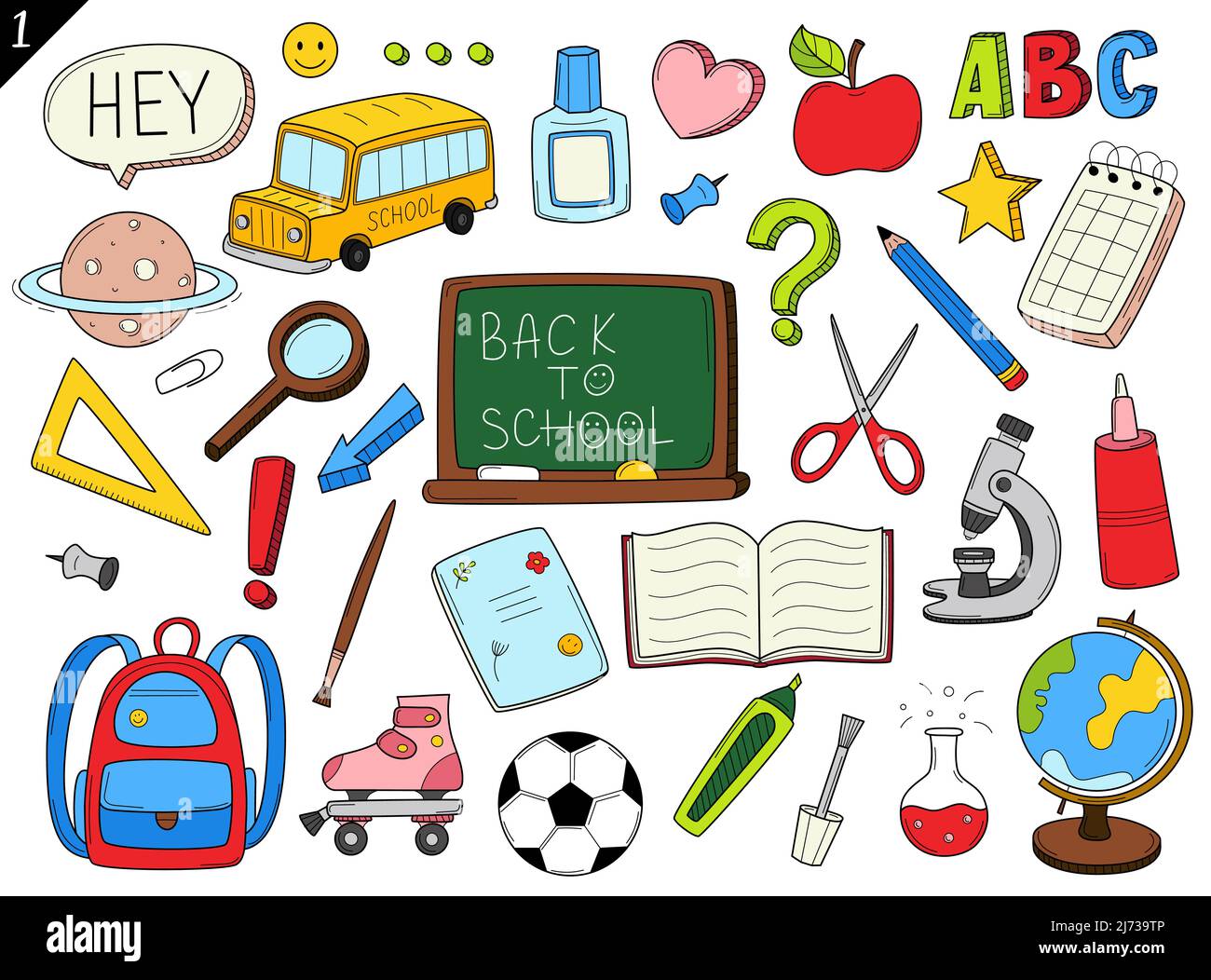 Satz von Doodle skizzieren Symbole zurück in die Schule. Schulsachen, Verbrauchsmaterialien, Schreibwaren, handgezeichnete schwarz-weiße Vektorgrafik. Designelemente sind IS Stock Vektor