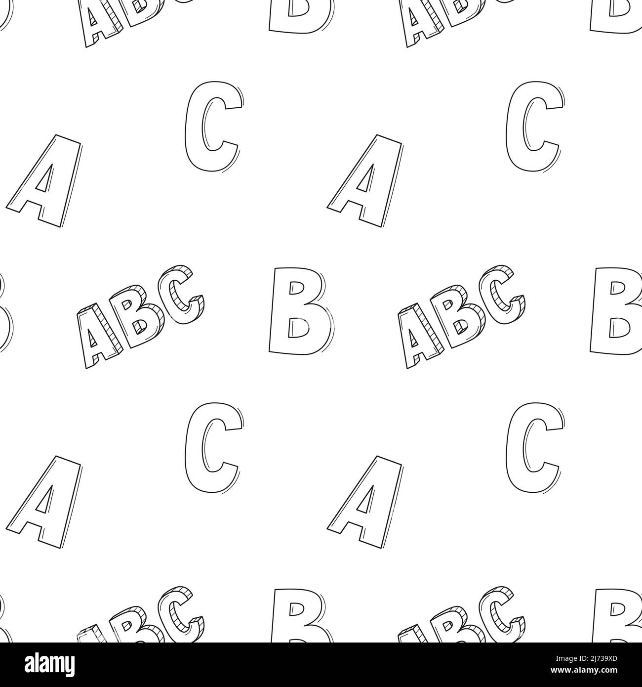 Schule einfaches nahtloses Muster mit den Buchstaben ABC. Schwarz-weißer Hintergrund mit isolierten handgezeichneten Doodle-Umrisselementen. Vektorgrafik Stock Vektor