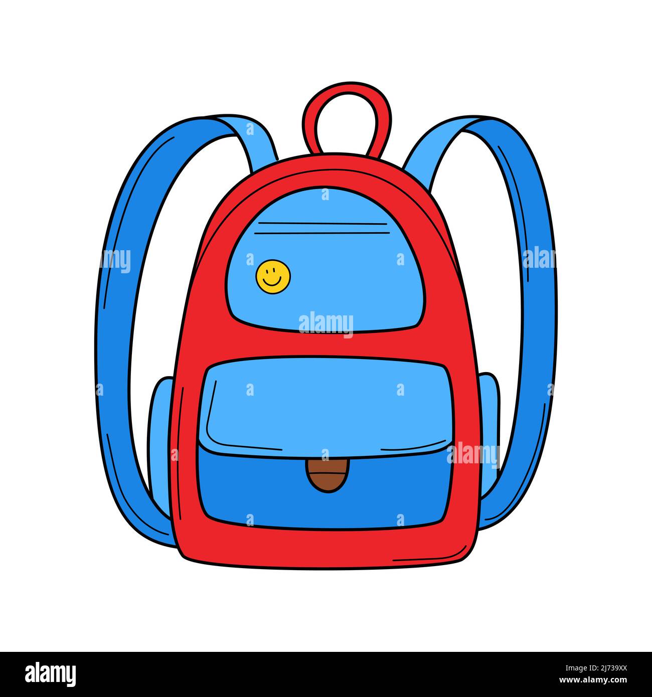 Ein Schulrucksack mit Taschen. Doodle. Handgezeichnete farbenfrohe Vektorgrafik. Die Designelemente sind auf weißem Hintergrund isoliert Stock Vektor