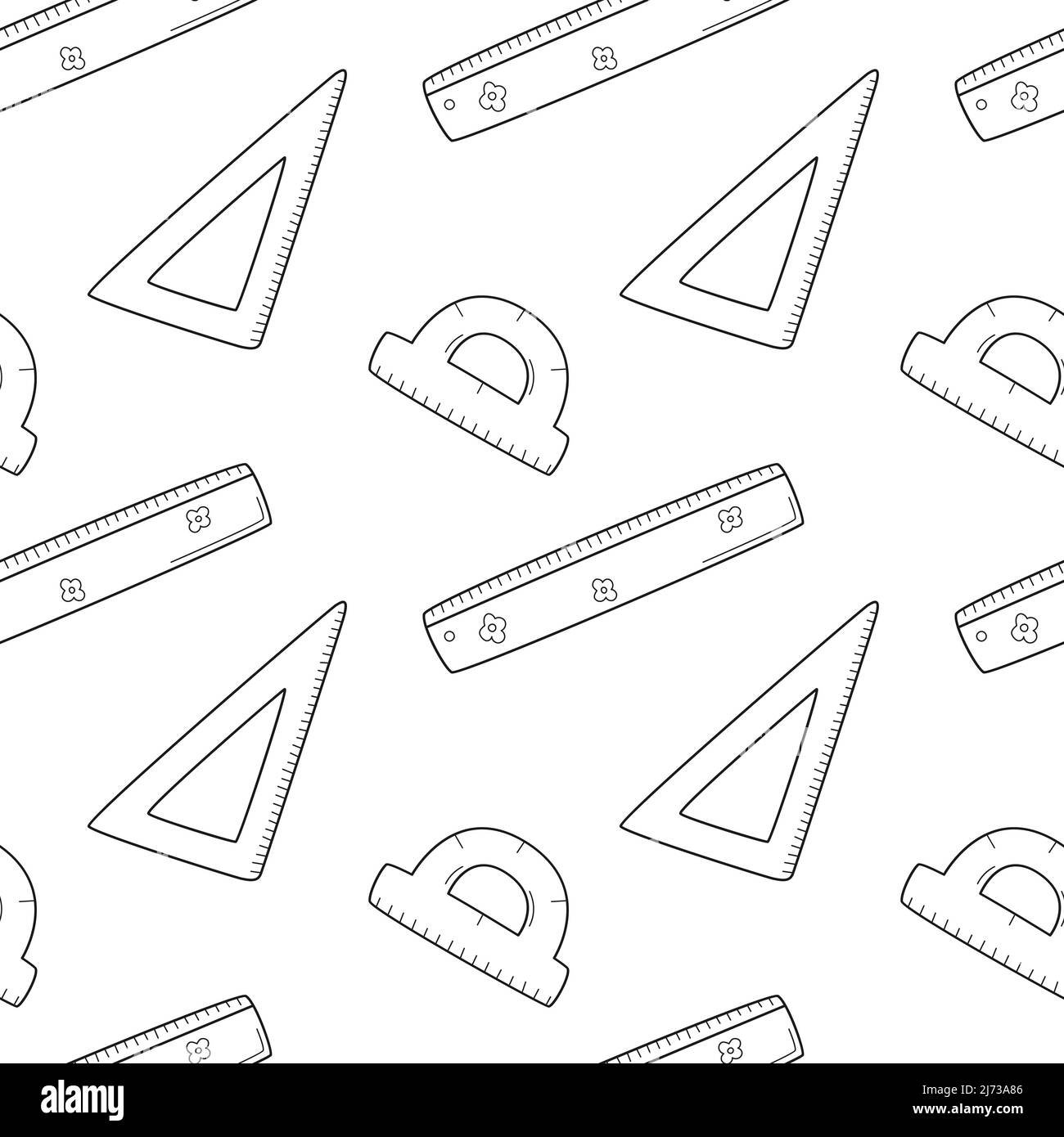 Schule einfaches nahtloses Muster mit Lineal, Dreieck und Winkelmesser. Mathematik, Geometrie. Schwarz-weißer Hintergrund mit isoliertem, handgezeichneten Doodle Stock Vektor