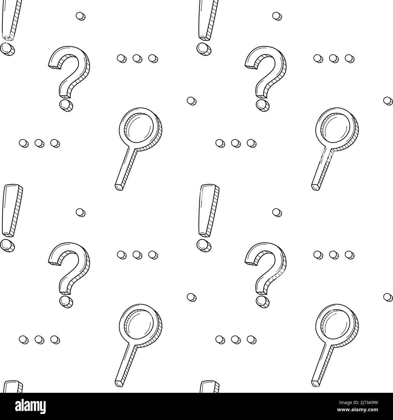 Ein einfaches, nahtloses Schulmuster mit Satzzeichen, Ausrufezeichen, Fragezeichen, Ellipsen, Lupe. Schwarz-weißer Hintergrund mit Isol Stock Vektor