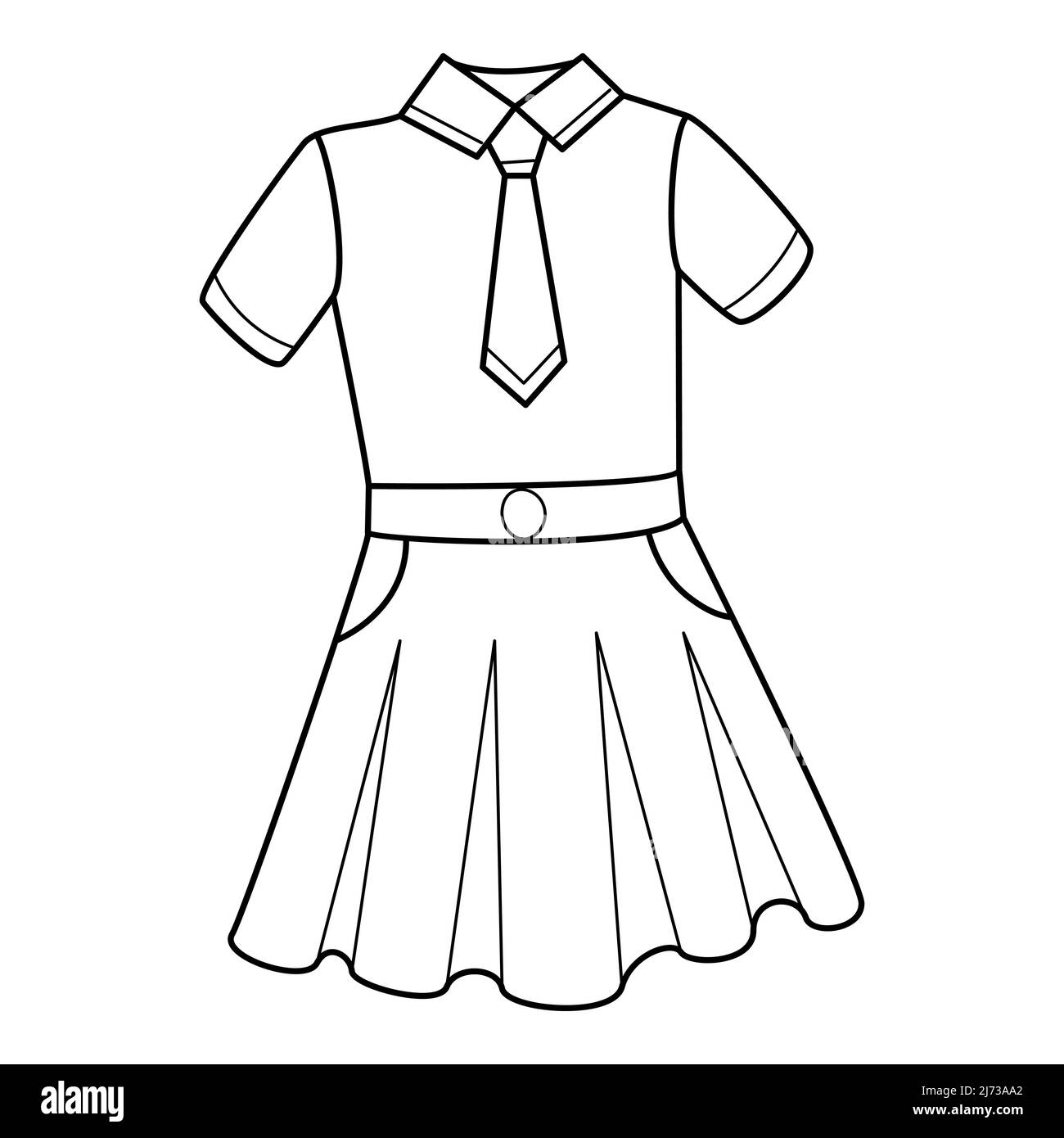 Schuluniformen für Mädchen. Eine Bluse mit Krawatte und Rock. Kleidung. Doodle. Handgezeichnete schwarz-weiße Vektorgrafik. Die Designelemente sind iso Stock Vektor
