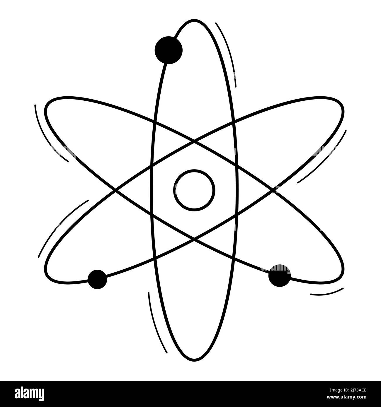 Das Symbol des Atoms. Doodle Outline-Stil. Ein chemisches Zeichen. Handgezeichnete schwarz-weiße Vektorgrafik. Die Designelemente sind auf einem w isoliert Stock Vektor