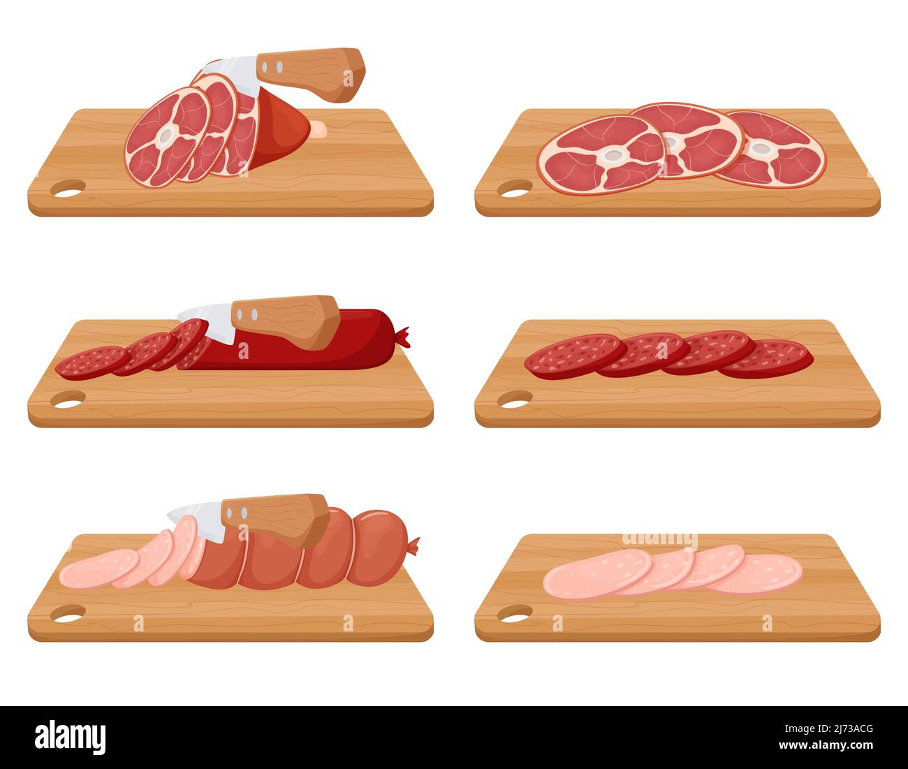 Schneiden von Schweinshaxe, gekochter und geräucherter Wurst. Ein Messer schneidet Fleisch auf einem hölzernen Schneidebrett. In Scheiben geschnittenes Fleisch und Wurst. Flacher Cartoon-Stil. V Stock Vektor