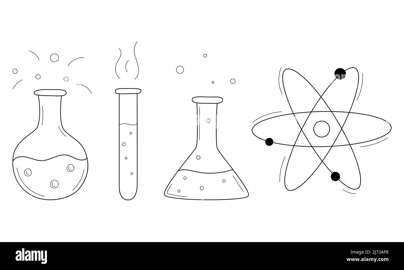 Eine Reihe von Doodle-Symbolen mit Kolben, Reagenzgläsern und Bechergläsern. Inventarisierung, für Analysen und chemische Forschung. Handgezeichnete Zierelemente. Schwarz und Weiß Stock Vektor