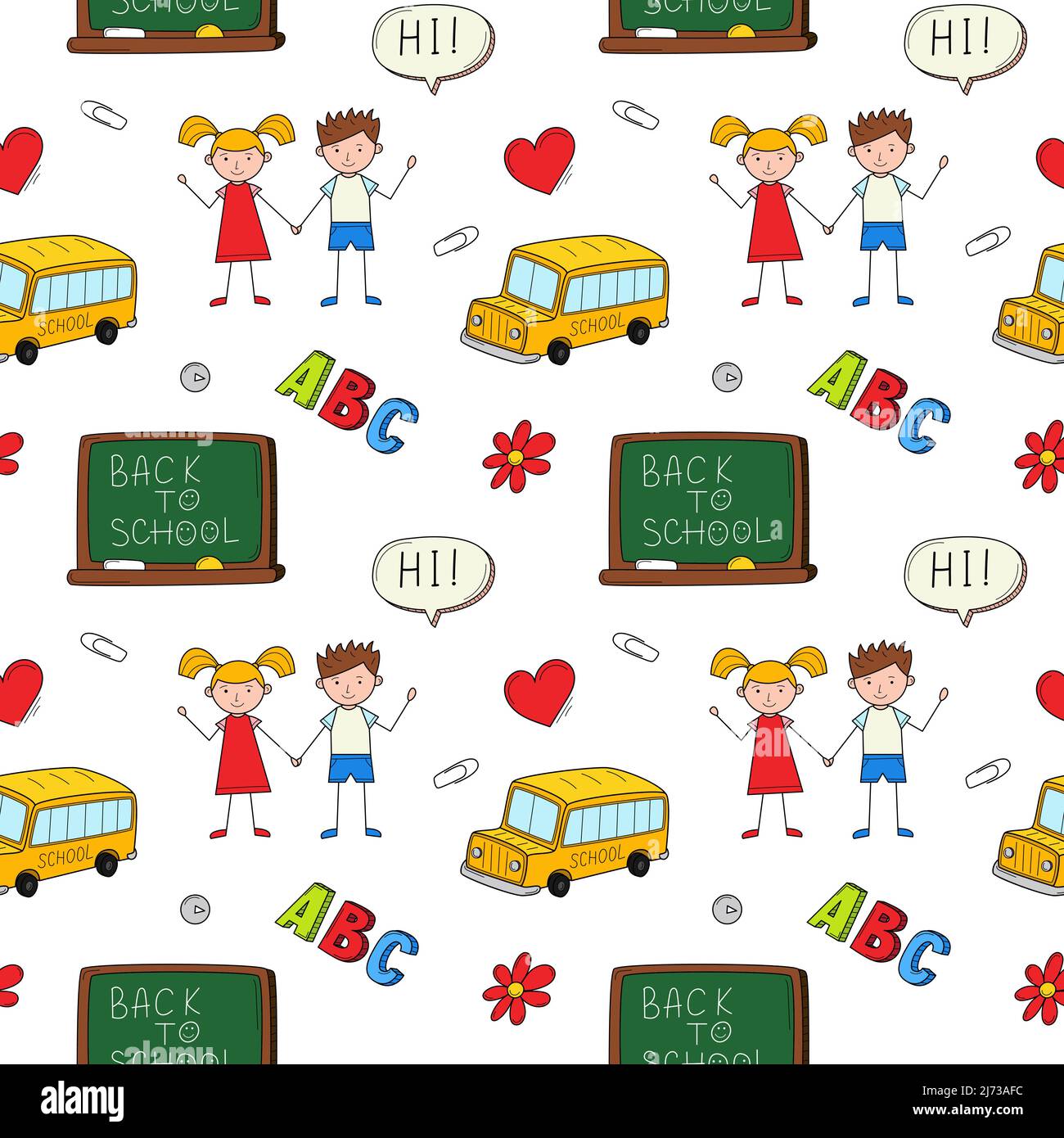Eine einfache Schule nahtlose Muster mit einer Tafel, einem Schulbus, Kinder. Hintergrund mit isolierten handgezeichneten bunten Doodle-Elementen. Vektor-Illus Stock Vektor