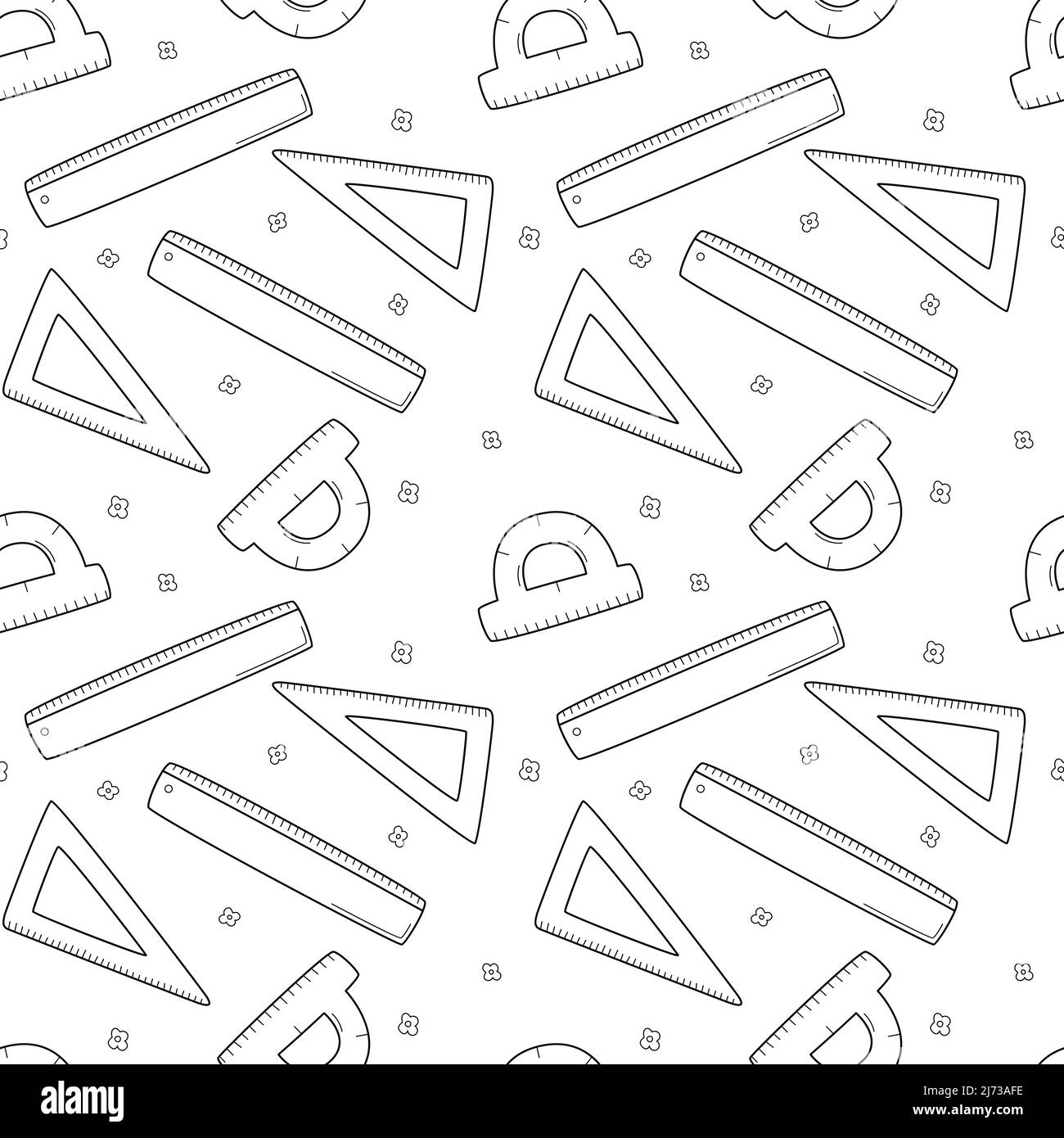 Schule einfaches nahtloses Muster mit Lineal, Dreieck und Winkelmesser. Mathematik, Geometrie. Schwarz-weißer Hintergrund mit isoliertem, handgezeichneten Doodle Stock Vektor