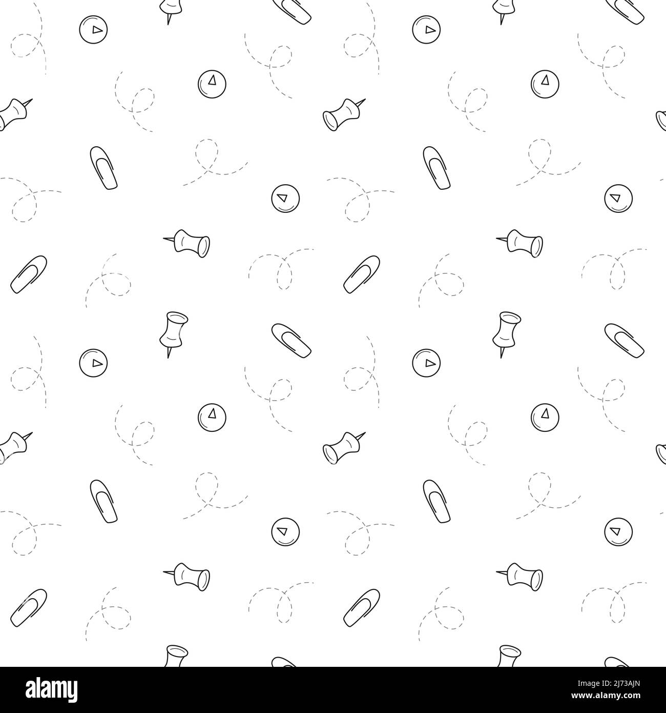 Ein einfaches nahtloses Schulmuster mit Schreibwarenknöpfen und Büroklammern. Schwarz-weißer Hintergrund mit isolierten handgezeichneten Doodle-Umrisselementen. Stock Vektor