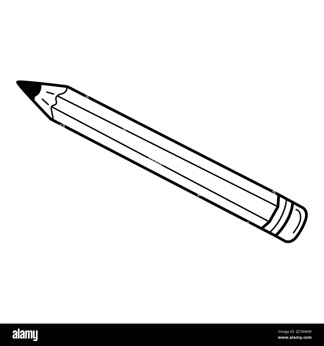 Ein einfacher Bleistift mit Radiergummi. Schulartikel, Bürobedarf. Doodle. Handgezeichnete schwarz-weiße Vektorgrafik. Die Designelemente sind isoliert Stock Vektor