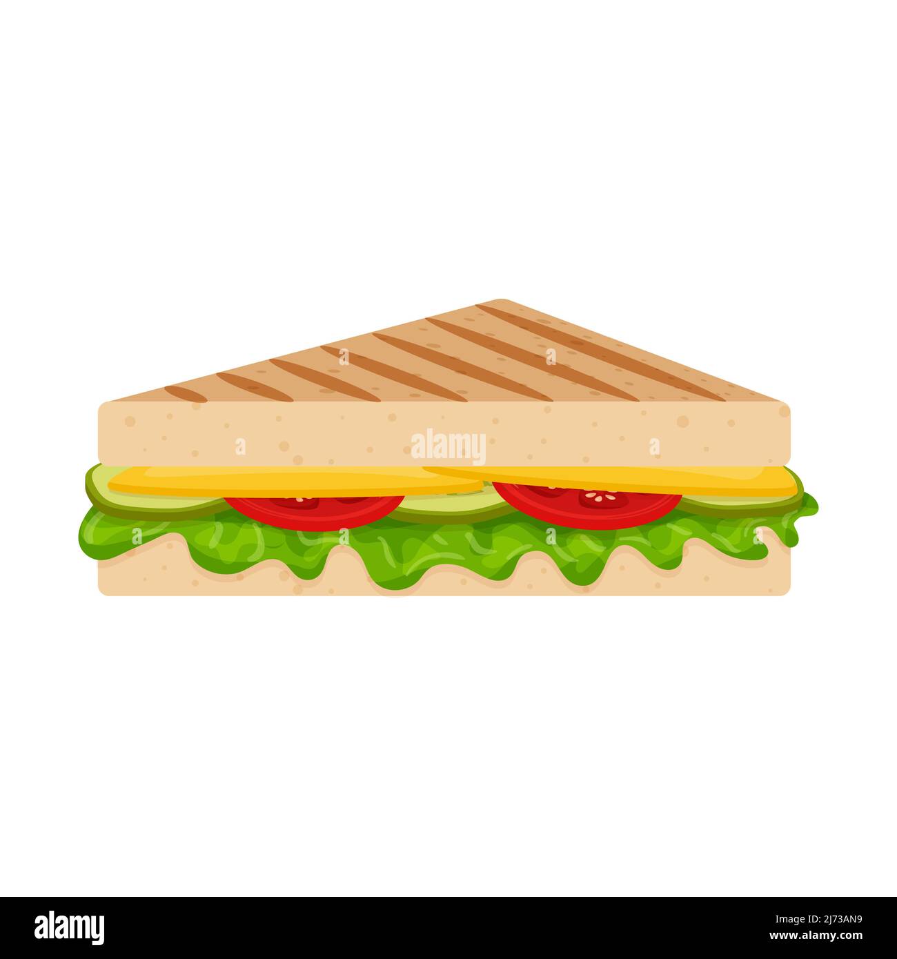 Gegrilltes Sandwich mit Kräutern, Käse, Tomaten und Gurken. Fast Food, Snacks. Flacher Cartoon-Stil, isoliert auf einem weißen Hintergrund.Farbvektor illust Stock Vektor