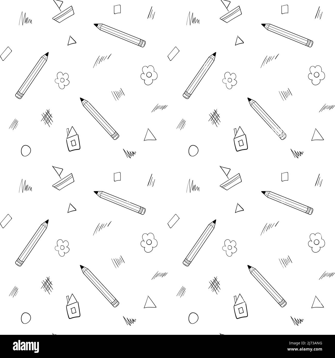 Eine einfache Schule nahtlose Muster mit einem Bleistift, Handschrift, Haus, Blume in einem kindischen Stil gezeichnet. Schwarz-weißer Hintergrund mit isoliertem Hand-dr Stock Vektor