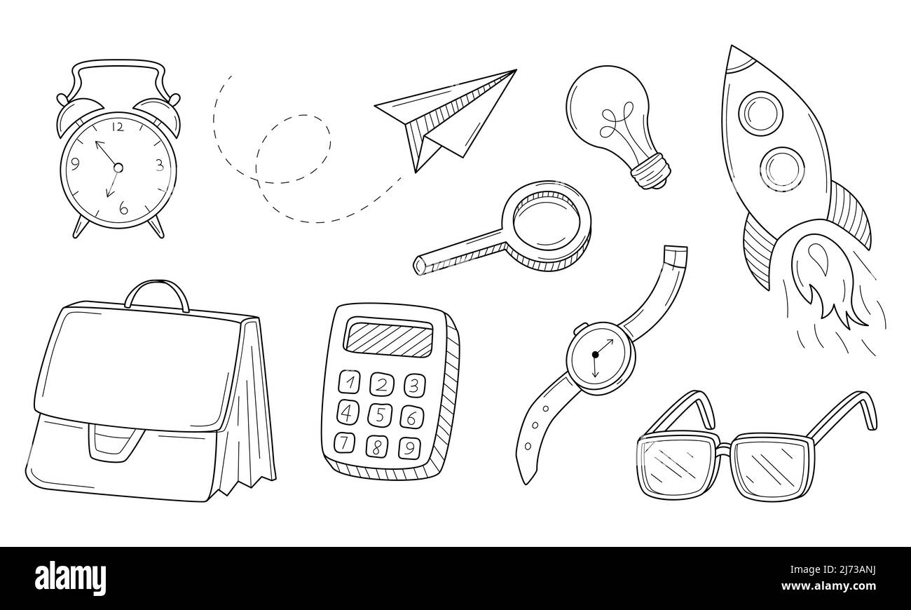 Eine Reihe von Doodle-Symbolen. Unternehmen, Arbeit, Startup. Dekorative Elemente mit einem Stift gezeichnet. Schwarz-Weiß-Vektordarstellung. Isoliert auf einem weißen Stock Vektor