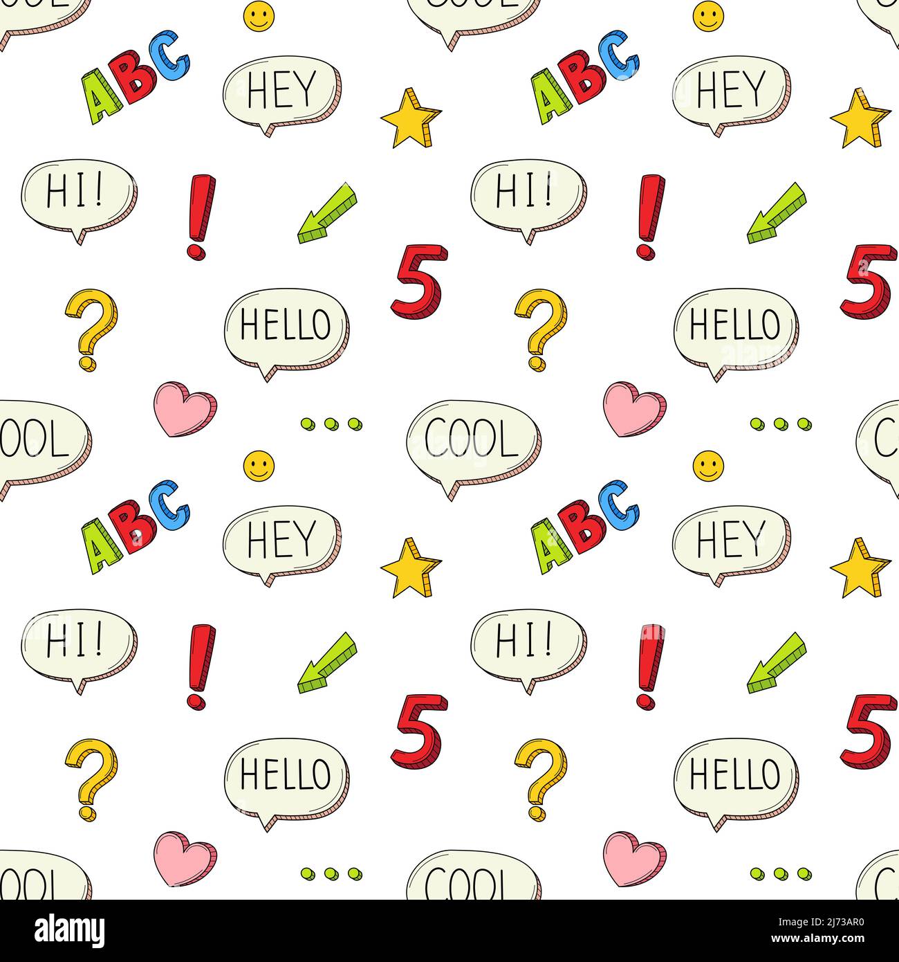 Ein einfaches nahtloses Schulmuster mit Sprechblasen, Satzzeichen, Herzbuchstaben ABC. Hintergrund mit isolierten handgezeichneten bunten Doodle-Elemen Stock Vektor