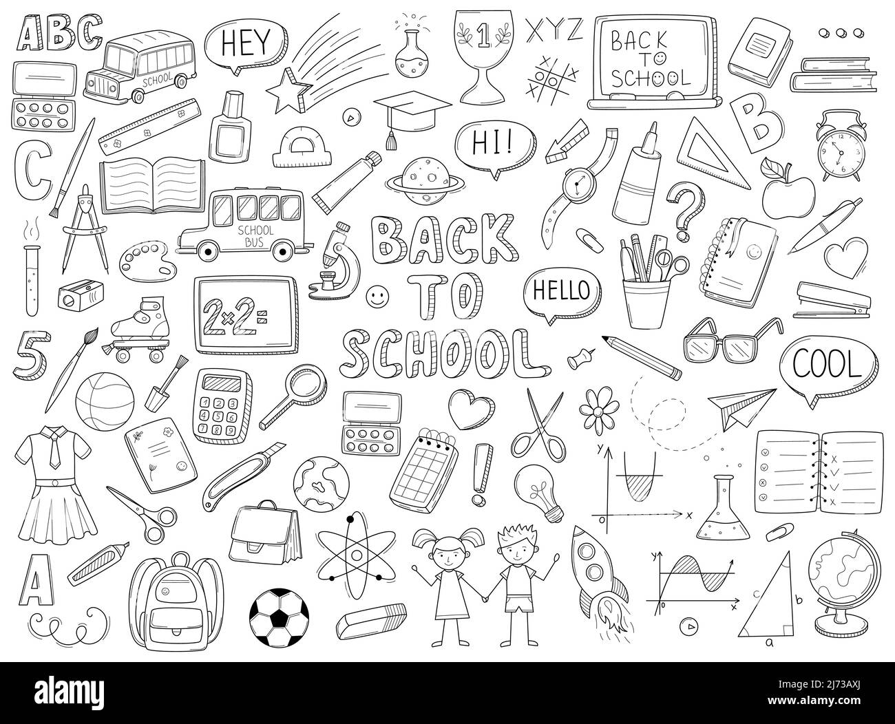 Satz von Doodle skizzieren Symbole zurück in die Schule. Schulsachen, Verbrauchsmaterialien, Schreibwaren, handgezeichnete schwarz-weiße Vektorgrafik. Designelemente sind IS Stock Vektor