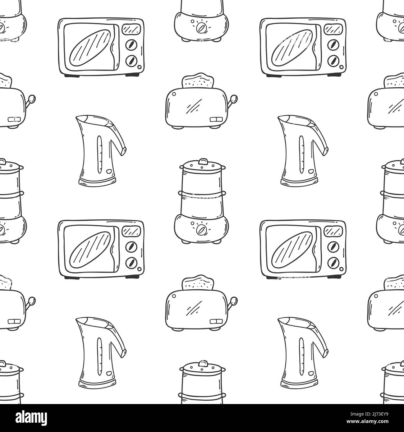 Nahtloses Muster mit Küchengeräten. Mikrowelle, Wasserkocher, Toaster, Dampfgarer. Ein monochromer Hintergrund mit einfachen, von Hand gezeichneten Umrissen von Doodle-Elementen. B Stock Vektor