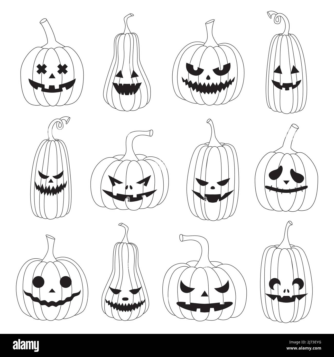 Ein Satz von schwarzen und weißen linearen Kürbissen mit lustigen Gesichtern. Halloween Contour umreißt handgezeichnete Kürbisse mit verschiedenen Mimik. Lineart. Stock Vektor